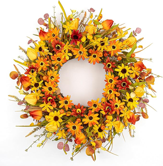 JINGHONG Fall Wreaths for Front Door 22 Inch Artificial Fall Wreath Floral Autumn Wreath with Colorful Daisies Orange Foliage for Indoor Outside Door Harvest Festival Thanksgiving Day Celebration