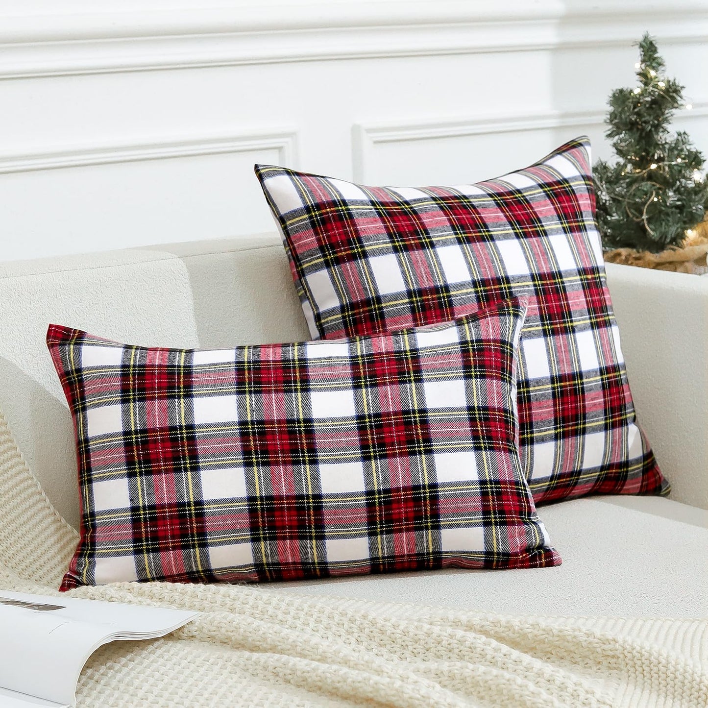 OTOSTAR Christmas Scottish Tartan Plaid Throw Pillow Covers Farmhouse Classic Decorative Square Cushion Cases Soft Pillowcases for Decor Sofa Couch 20x20 Inch Set of 2 (Red White)