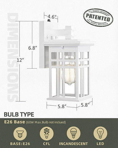 Dusk to Dawn Outdoor Wall Light 2 Pack - HWH Exterior Wall Sconce Light Fixture, Outdoor Porch Light Wall Lamp for Garage, Doorway, Balcony, Garden, Glossy White Finish, 5HD27B-PC-2PK WH