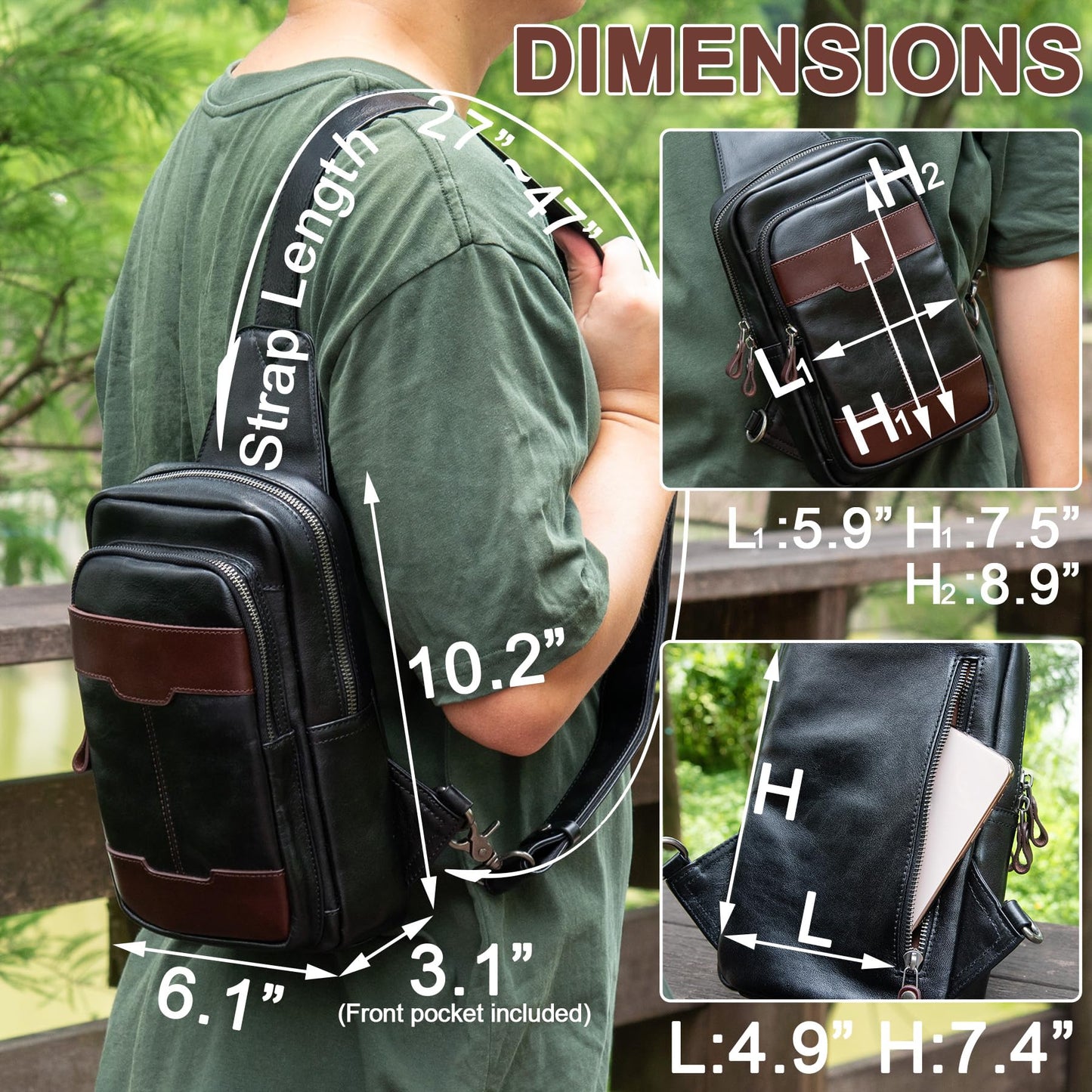 CENUNCO Genuine Leather Sling Bag for Men and Women Crossbody Shoulder Bag Side Sling Backpack Chest Purse Cross Body Casual Daypack