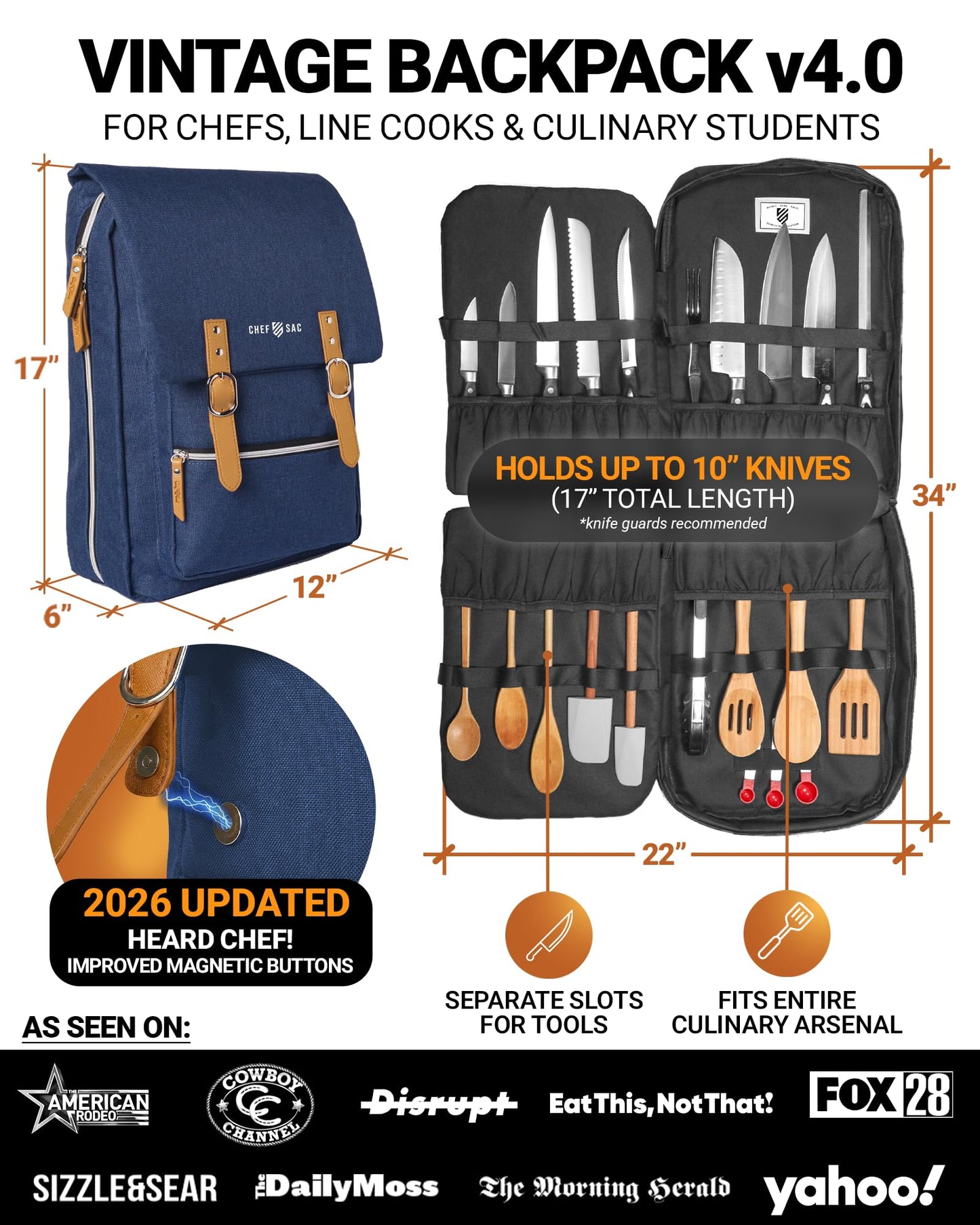 Chef Knife Bag Vintage Backpack VINTAGE, Professional Knife Carrying Case for Chefs & Culinary Students, 30+ Pockets, Holds 10" Knives, Water-Resistant 600D Material (Heather Blue)