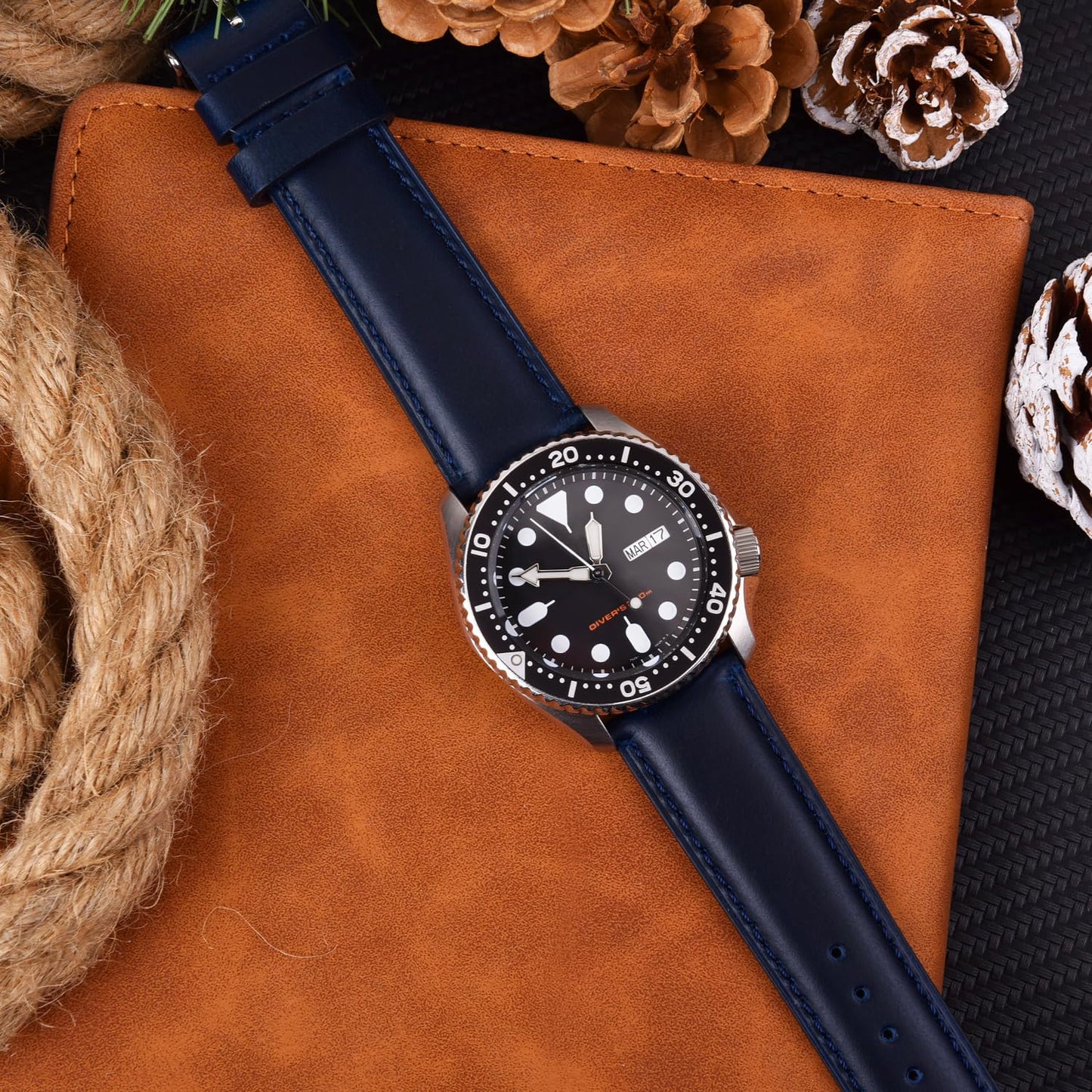 Ritche Quick Release Leather Watch Band 18mm 20mm 21mm 22mm 23mm 24mm for Samsung Galaxy Watch 6 Band Classic 43mm 47mm 40mm 44mm Leather Watch Strap, Dark Blue & Silver, 20mm, Classic