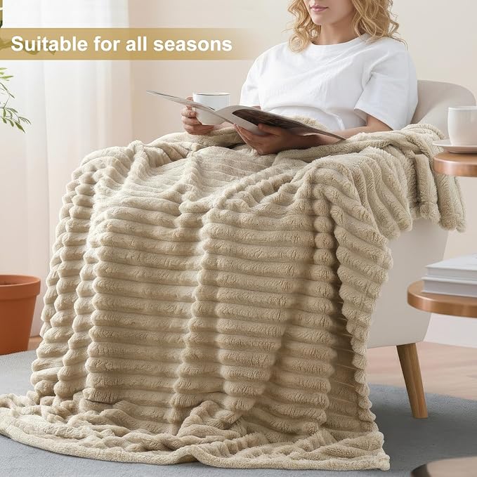 decorUhome Soft Fleece Light Brown Twin Blanket for Bed, Cozy Fluffy Plush Flannel Striped Throws for Couch Sofa, Lightweight Decorative Ribbed Fuzzy Blanket for Woman, 60x80 Inches