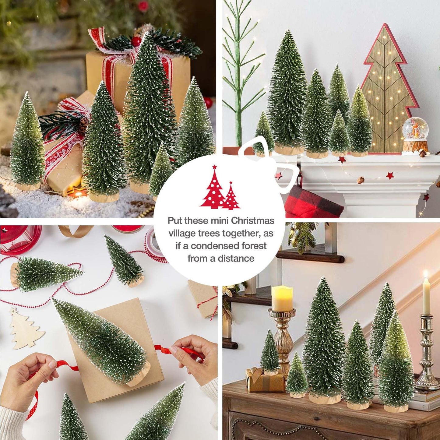 9Pcs Mini Christmas Trees Christmas Decor Artificial Christmas Decorations with 4 Sizes, Christmas Tree Bottle Brush Trees Christmas Table Decorations (Dark Green Two-Tone)