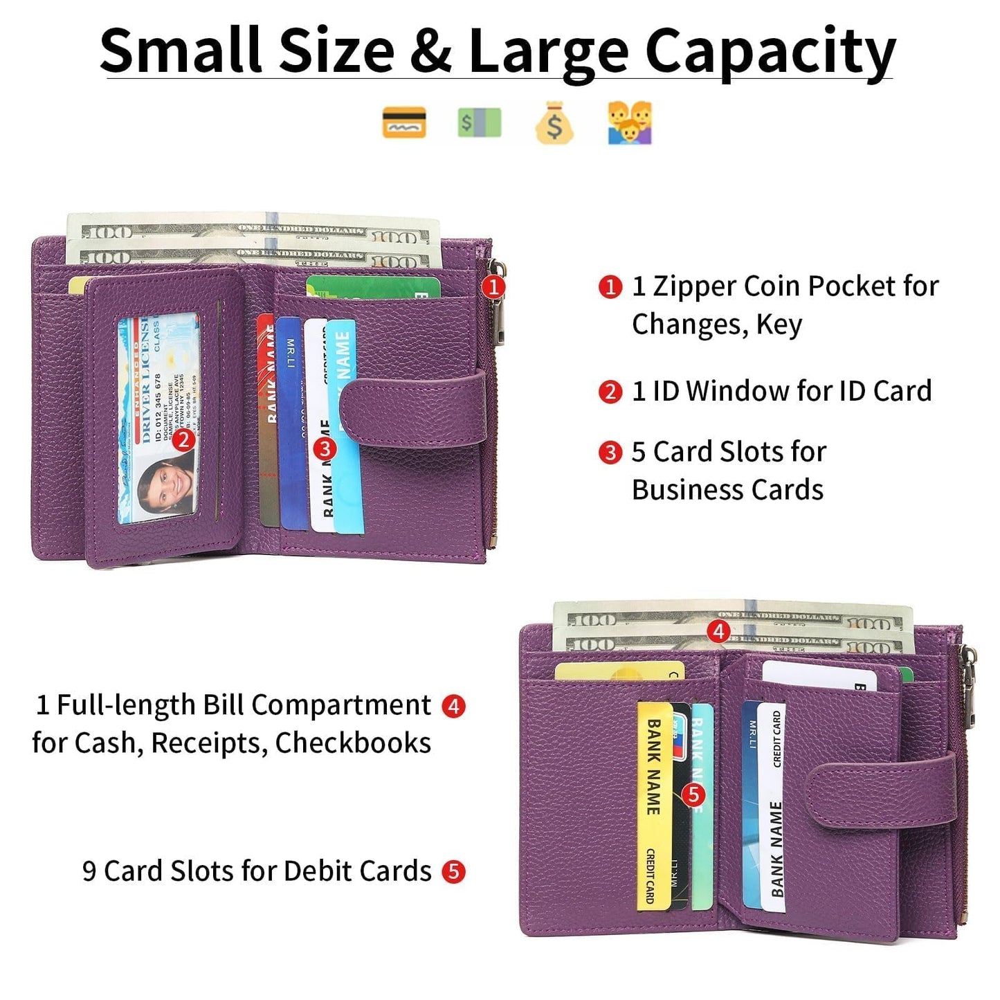 GAEKEAO Small Wallet for Women, Bifold Vegan Leather RFID Blocking Ladies Compact Card Holder with Zipper Pocket & ID Window