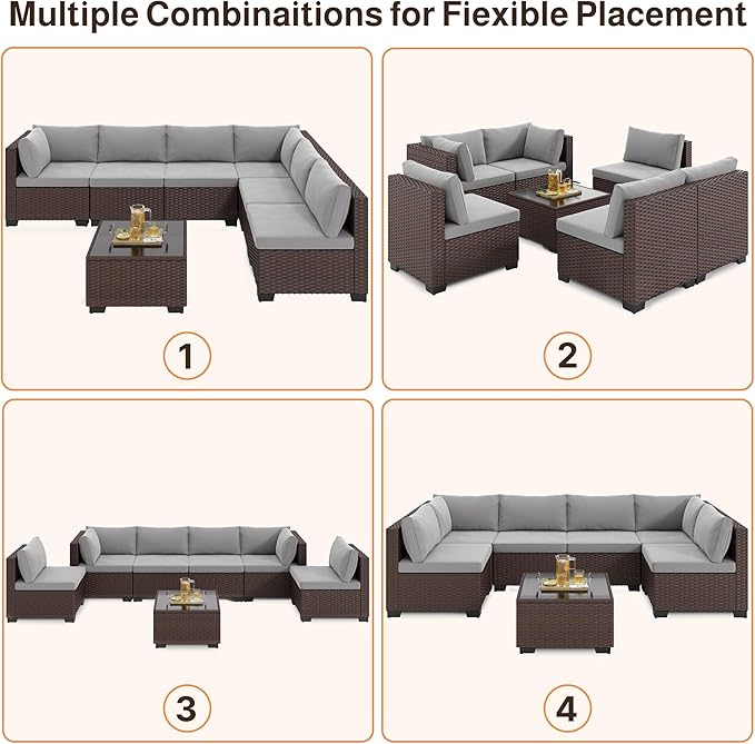 Ahomly 7-Piece Patio Furniture Set, Outdoor Sectional Couch with Water-Resistant Cushions & Coffee Table, PE Rattan Outdoor Patio Sofa Set for Backyard, Deck, Garden, or Porch, Grey