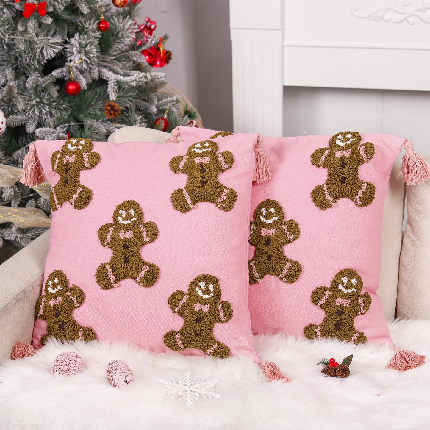 JarThenaAMCS 2Pcs 3D Pink Christmas Pillow Covers Gingerbread Man Throw Pillow Case 18 x 18 Inch Plush Faux Fur Soft Holiday Cushion Cover for Home Office Couch Sofa