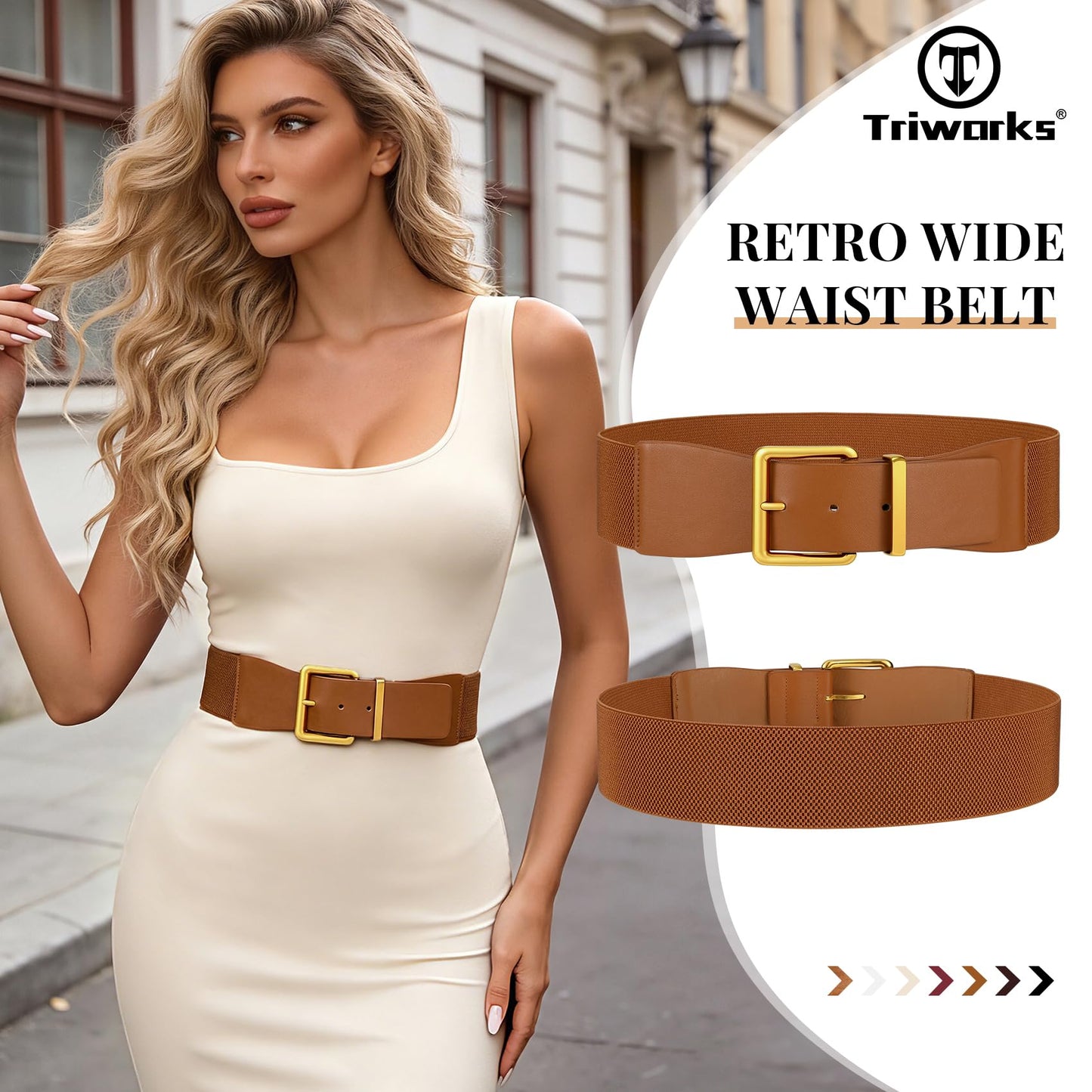 TRIWORKS Women Wide Elastic Belt for Dresses Vintage Stretchy Waist Belt with Gold Chunky Buckle,Brown