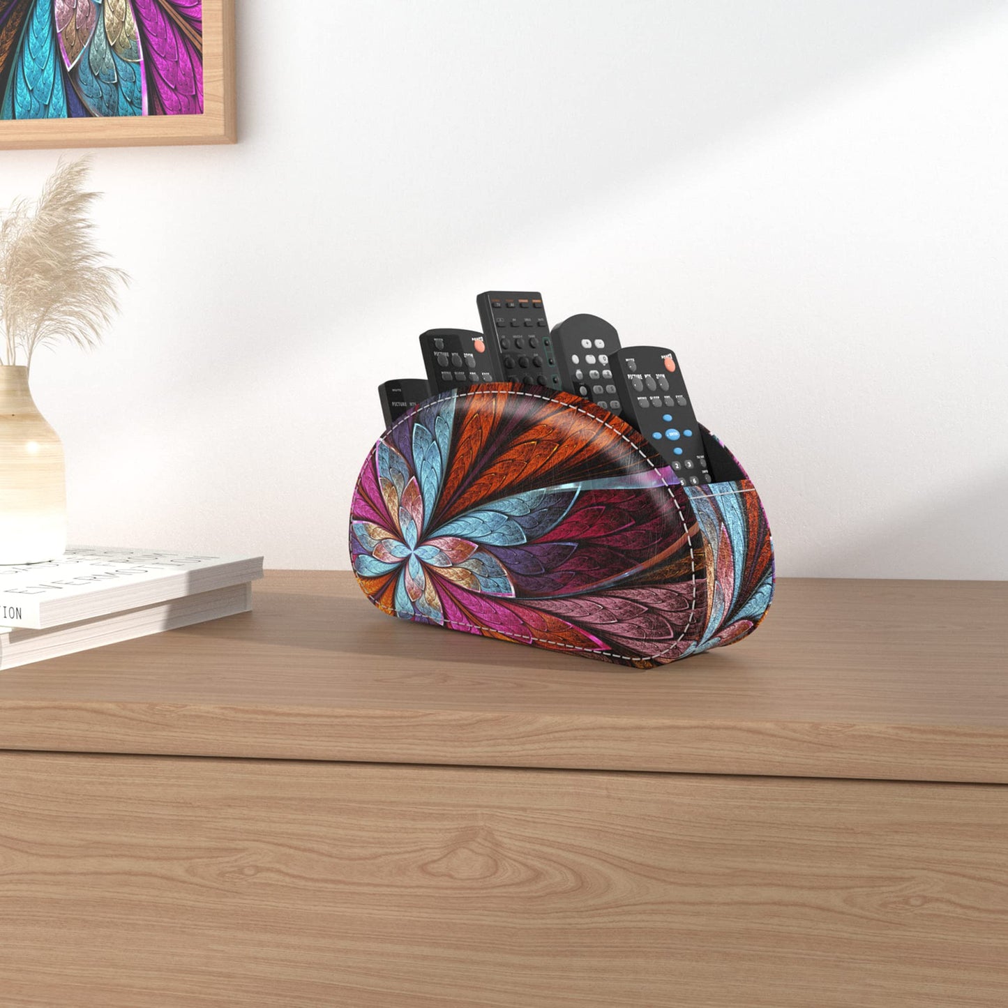 QIELIZI PU Leather Remote Caddy Desktop Organizer with 5 Spacious Compartments for TV Remotes/Media Controllers/Office Supplies (Fractal Flower)