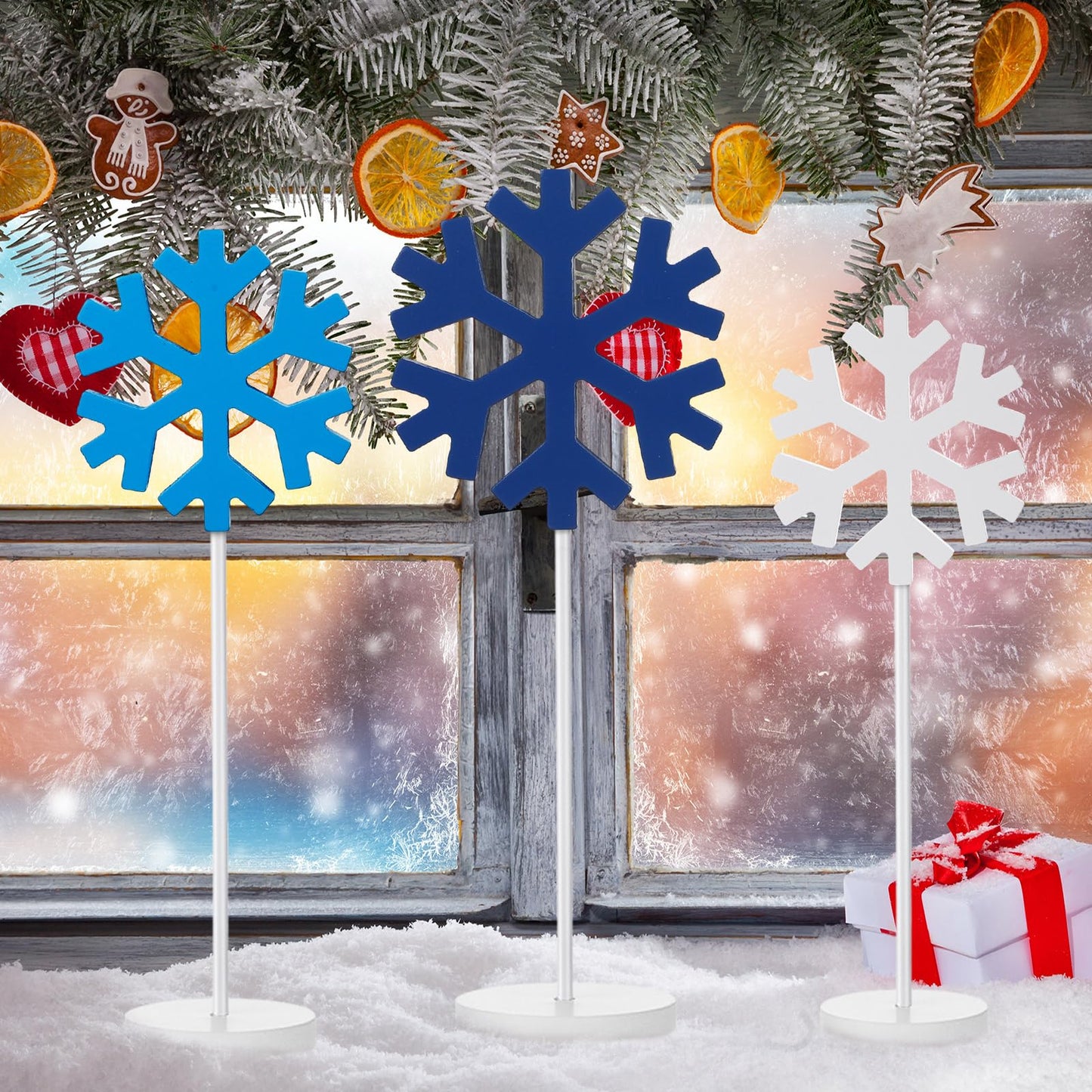 Spiareal 3 Pcs Standing Wooden Snowflakes Block Tabletop Decor Wood Snowflake Centerpiece Ornaments Rustic Home Decor for Winter(Dark Blue, Light Blue, White)