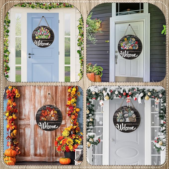 Yousoontic 17 Pcs 12 Inch Magnetic Welcome Door Sign Interchangeable Front Door Decor Rustic Fall Seasonal Hanging Sign Halloween Christmas Decor for Home Warming Gift(Stylish Color,Modern Welcome)