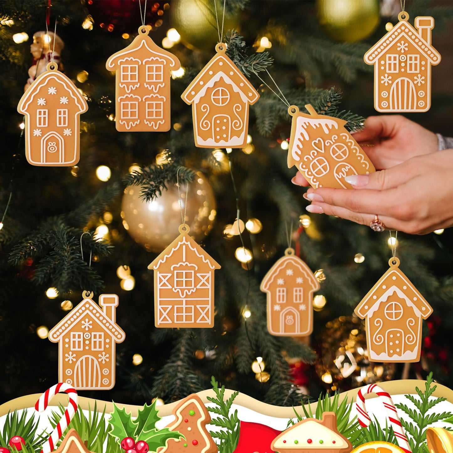 Shellwei 24 Pcs Gingerbread House Ornaments Christmas Tree Ornaments Bulk Gingerbread Christmas Tree Decorations Rustic Hanging Decor for Xmas Indoor Home