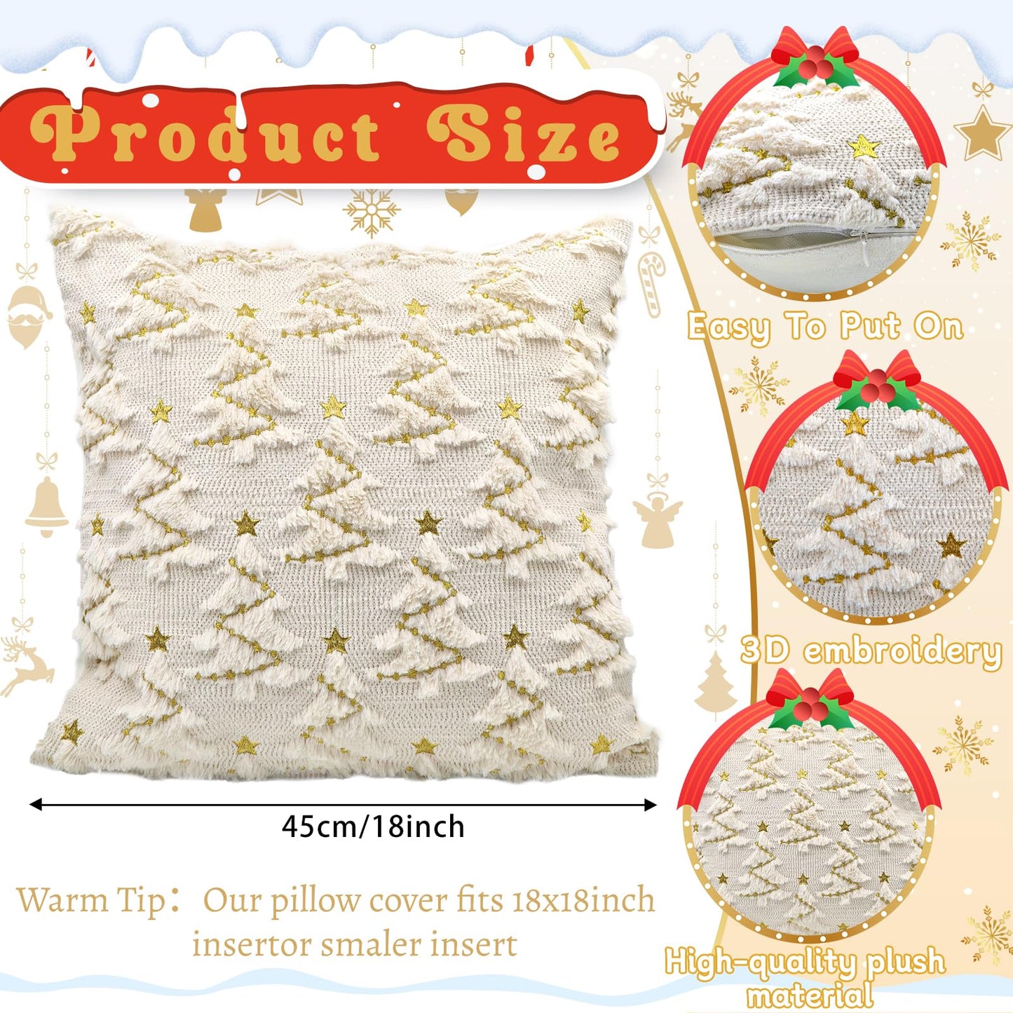 YIOTJUNL Christmas Pillow Covers 18x18 Set of 2 Soft Plush Embroidered Cushion Covers Decorative Gold Star Beige Christmas Tree Throw Pillow Cases Decorations for Winter Holiday Sofa Home Decor