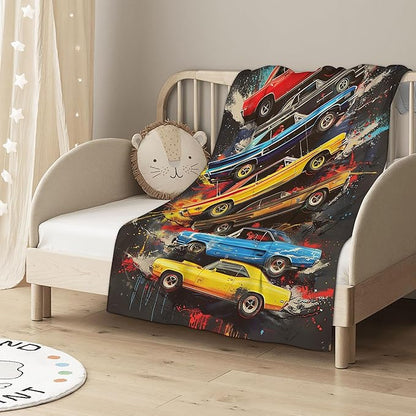 Blanket Vintage Muscle Cars Lightweight Soft Throw Blanket for Girls Teens Women, Graffiti Art Fuzzy Blanket Home Room Decor 50x60 Inches
