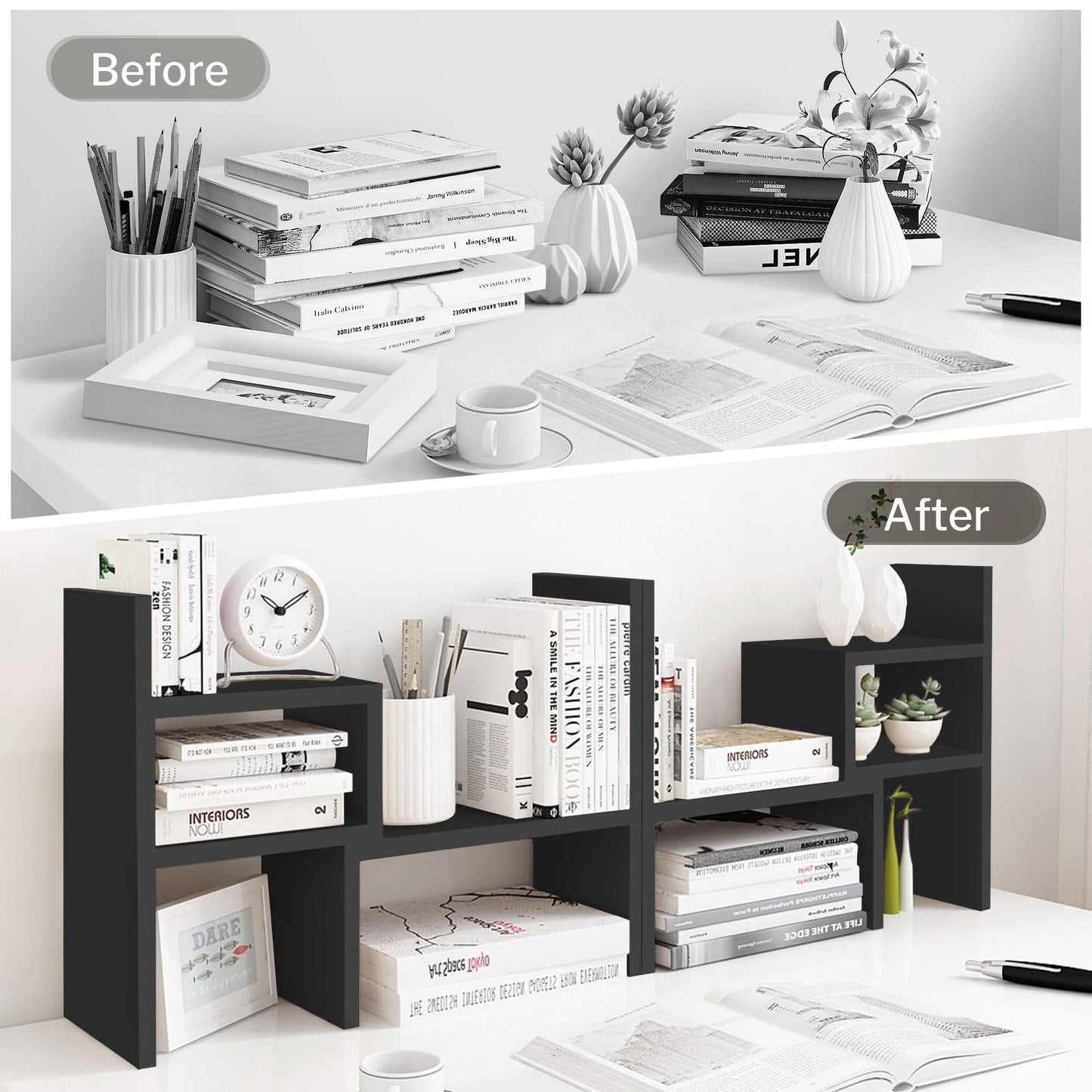 Jerry & Maggie Desktop Organizer Office Storage Rack Adjustable Wood Display Shelf, Birthday Gifts Toy Home Decor Free Style Rotation Display True Natural Stand Shelf (Black)