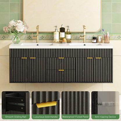 CARPETNAL 60 Inch Bathroom Vanity with Sink, Modern Fluted Large Double Sink Bathroom Vanity with Sink with 2 Storage Cabinets, Adjustable Shelf and 2 Drawers, Black