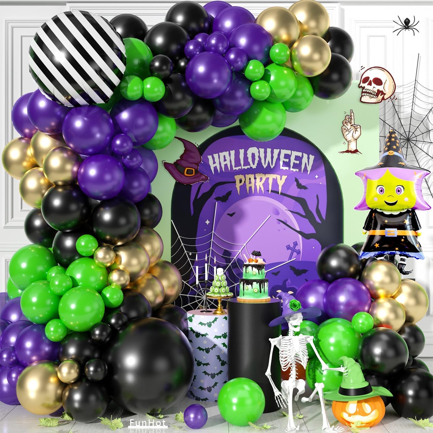 Halloween Balloon Garland Arch Kit,Purple Orange and Black Balloons with Spider Web,Witch Foil Balloon for Halloween Birthday Party Supplies Decorations