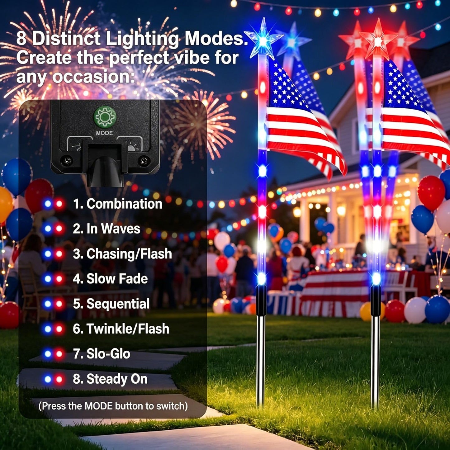 Solar American Flag Light Set, 8 Pack American Flags Pole Pathway Lights, Patriotic Waterproof LED Outdoor Yard Garden with 8 Lighting Modes for 4th of July Decoration (Flag Lights 1 Set)