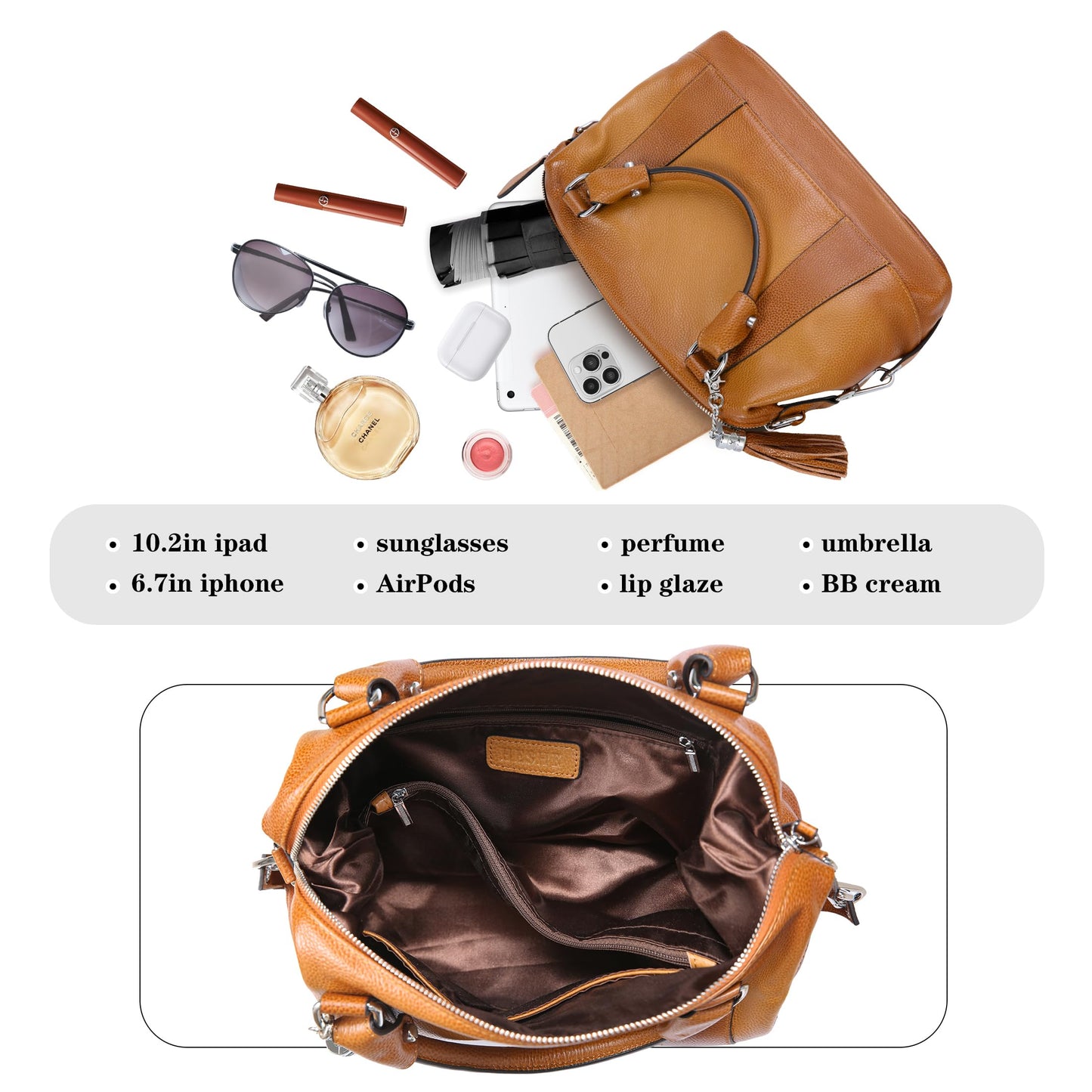 HESHE Womens Genuine Leather Handbags Purse Crossbody Satchel Tote Bags Ladies Real Leather Bags (Sorrel)