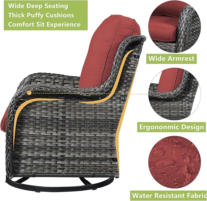 Rilyson Wicker Patio Furniture Set - 6 Piece Rattan Outdoor Sectional Conversation Sets with 2 Rocking Chair,2 Ottoman,1 Sofa and 1 Coffee Table for Porch Deck Garden(Mixed Grey/Red)