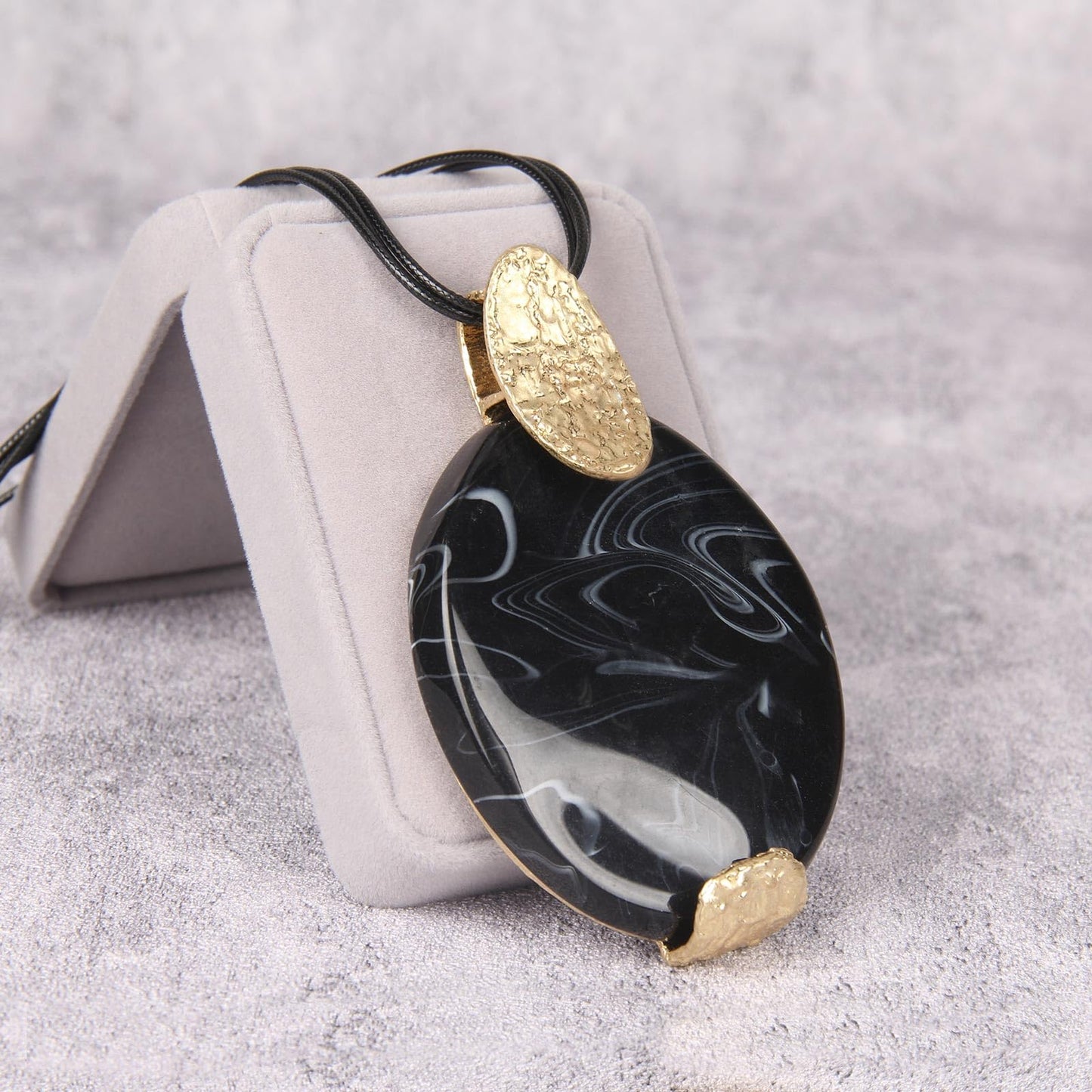 GelConnie Boho Pendant Necklace for Women Long Black Leather Cord Statement Jewelry with Large Oval Black Stone Pendant