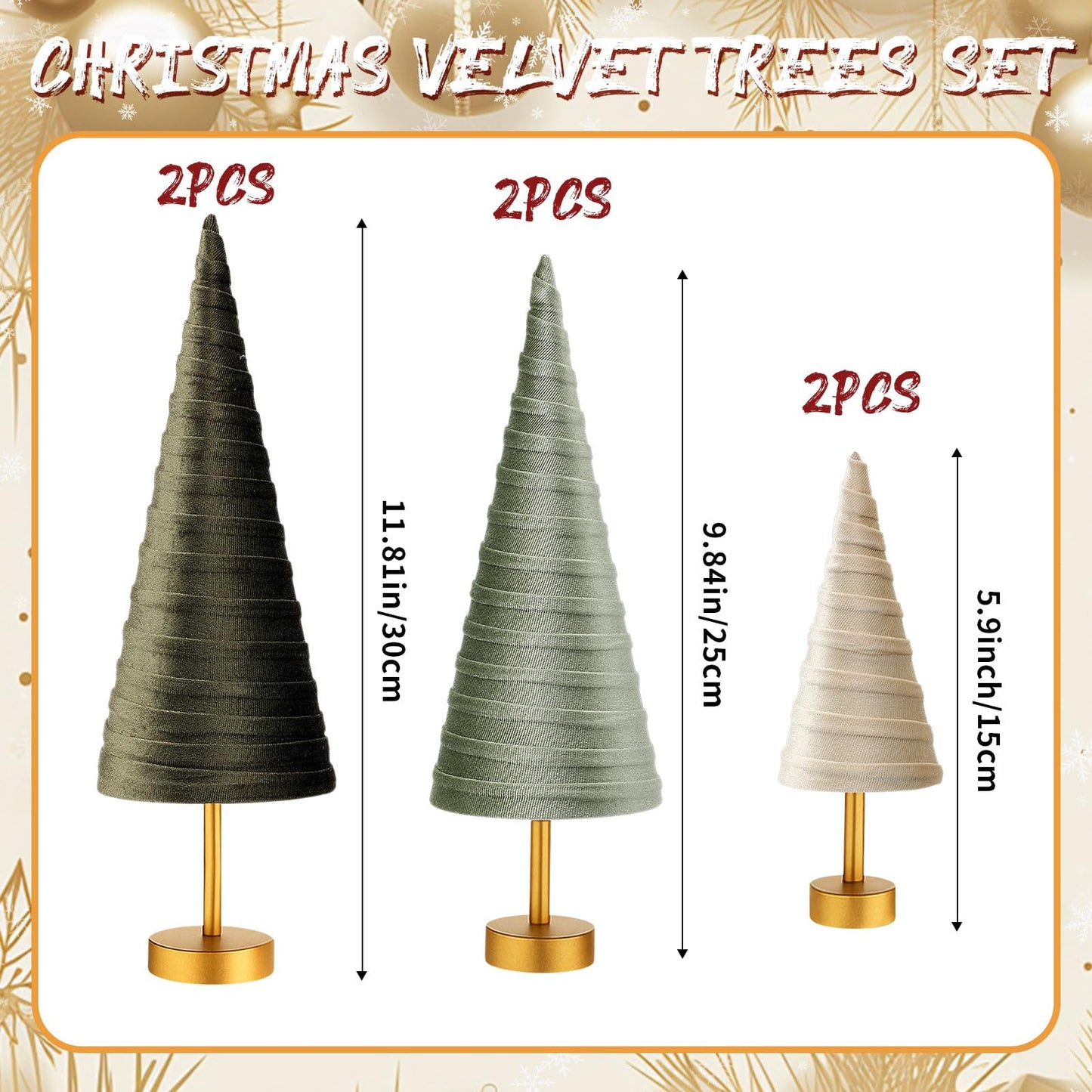 Hoolerry 6 Pcs Christmas Velvet Trees with Gold Pedestal Christmas Velvet Cones Tree Mantel Decor Modern Rustic Winter Home Minimalist for Holiday Entryway Table Wedding Centerpiece(Brown Green)