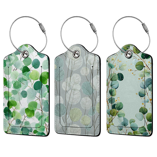 Eucalyptus and Branches Leaf 3 Pack Luggage Tags for Suitcases, PU Leather Baggage Suitcases Tag Name ID Label Privacy Cover Travel Bag Tags for Women Men Boys Girls