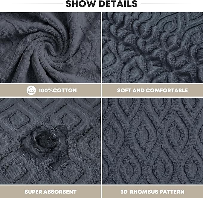 Artoid Mode 2 Pcs Grey 3D Diamond Grid Jacquard Hand Towels