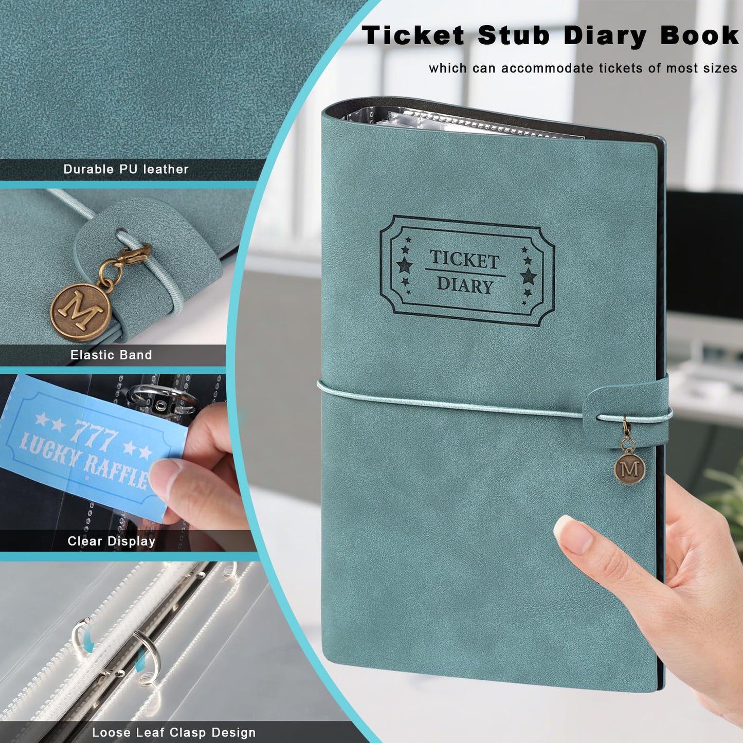 Blue PU Leather Ticket Stub Diary 3 Hole Ticket Stub Holder Album 6 x 9 Inch Ticket Stub Organizer with 40 PVC Pockets 42 DIY Stickies 26 Letter Charms for Collect Movie Concert Tickets Receipts