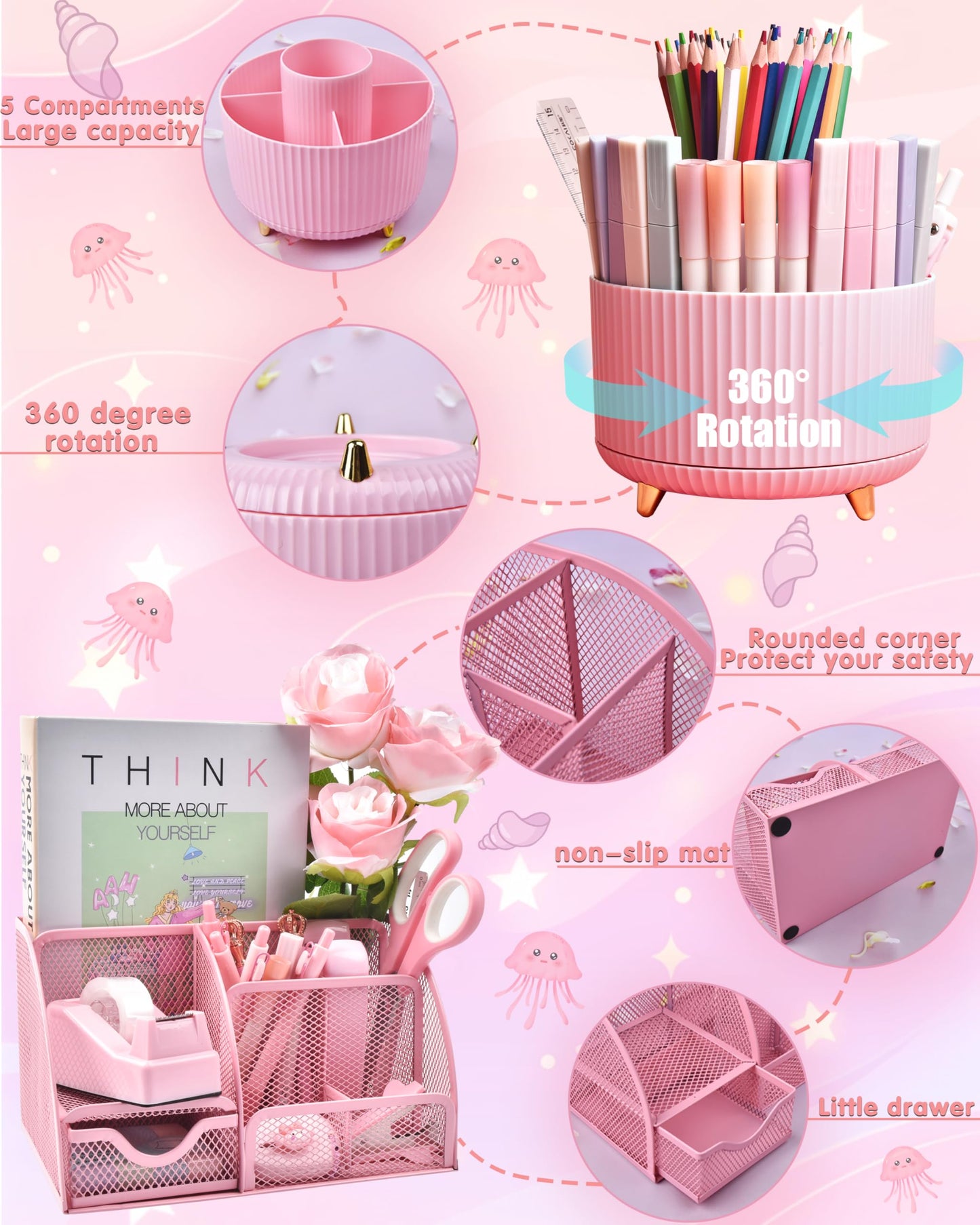 LXEVIHK 21Pcs Pink Desk Organizers and Accessories With Mesh Desk Organizer and 360°Rotating Pen Holder and a Lot of Office Pink Office Supplies Beautifully Presented in a Gift Box