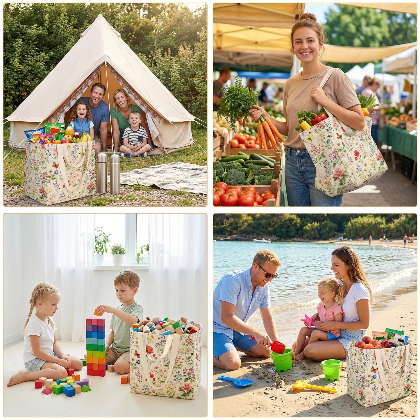 Ovveroche Large Canvas Grocery Tote Bag with Floral Reusable Heavy Duty Shopping Tote Bags with 6 Inner Pockets & Hard Bottom