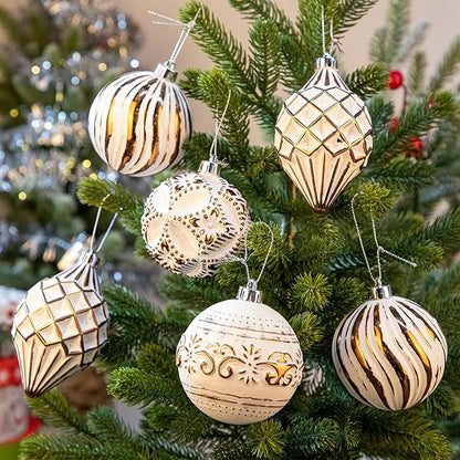 16PCS Shatterproof Christmas Ball Ornaments Set, Hand-Painted Holiday Decor with Assorted Sizes & Designs for Christmas Tree Thanksgiving Party Decoration, Bronze-White