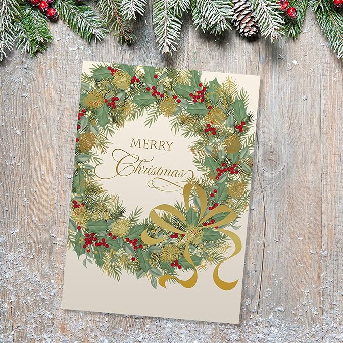 Masterpiece Traditional Wreath Christmas Cards / 15 Festive Holiday Cards Set With White Envelopes / 5 5/8" x 7 7/8" Winter Greeting Cards With Inside Verse