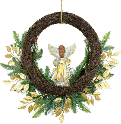 YULETIME 24" Angel Christmas Wreath, Artificial Holiday Wreath with Resin Angel Statue, Natural Rattan Ring & Pine Cones, Golden Leaves, Red Baubles, Spruce Branches, Snowy Pine Needles