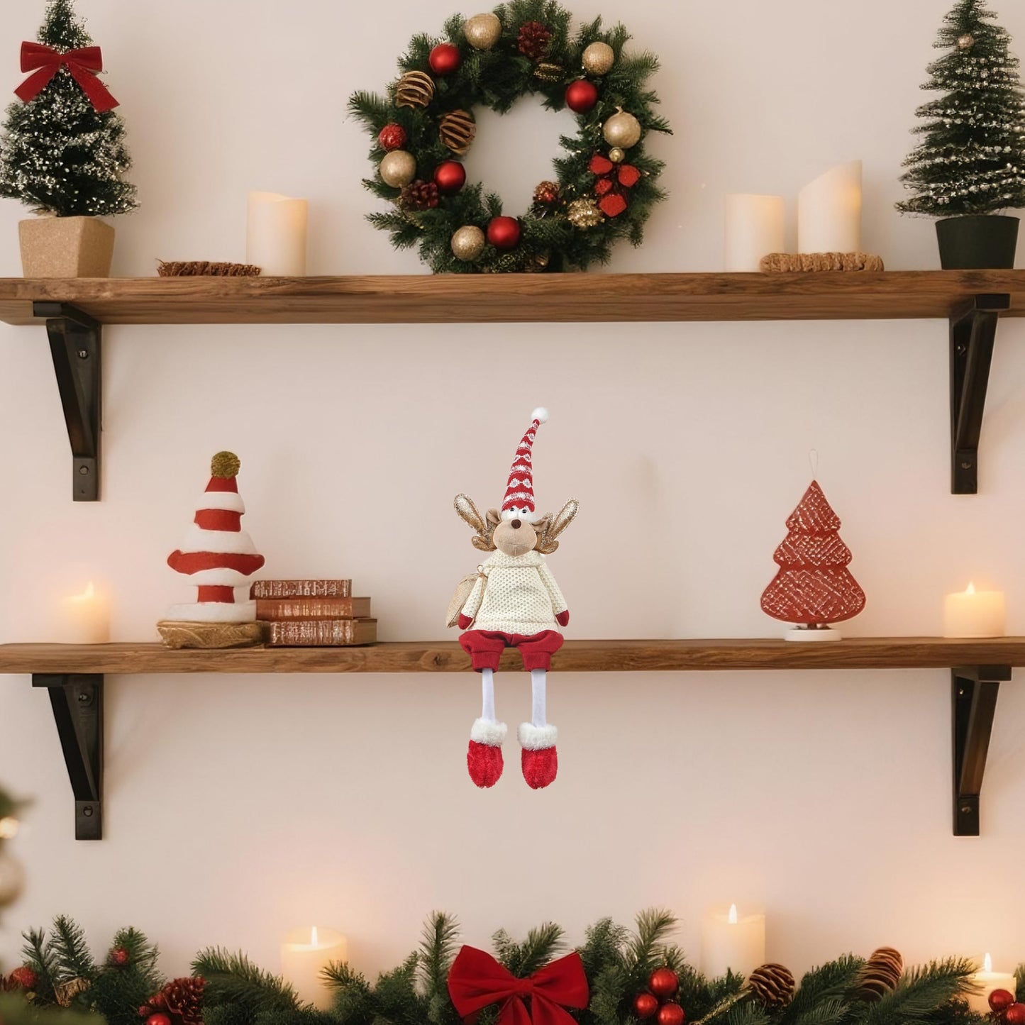 Dedrian11 Christmas Sitting Reindeer Shelf Sitter Decor, 24 Inch Plush Figurine with Dangling Legs, Poseable Arms, Weighted Bottom, Mantel Fireplace/Tabletop Holiday Decoration, Indoor