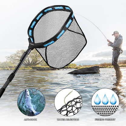 PLUSINNO Fishing Net Fish Floating Landing Net, Kayak Nets with Fixed Foldable Telescopic Pole Handle, Bass Trout Fishing Nets with Nylon Mesh for Pond Lake River, Fishing Gear Gifts for Men,Blue 1.5M