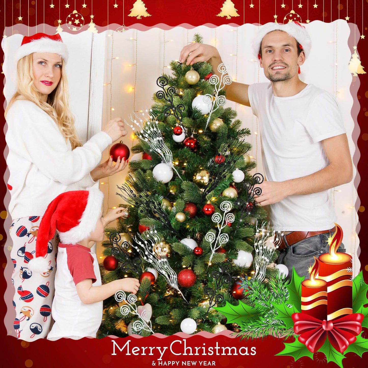 Daifunli 36 Pcs Black White Christmas Tree Picks and Sprays Ornaments 17'' 12'' Artificial Glitter Christmas Berry Stem Stick Branches Tree Filler Topper for Xmas Wreath Vase Home Decoration