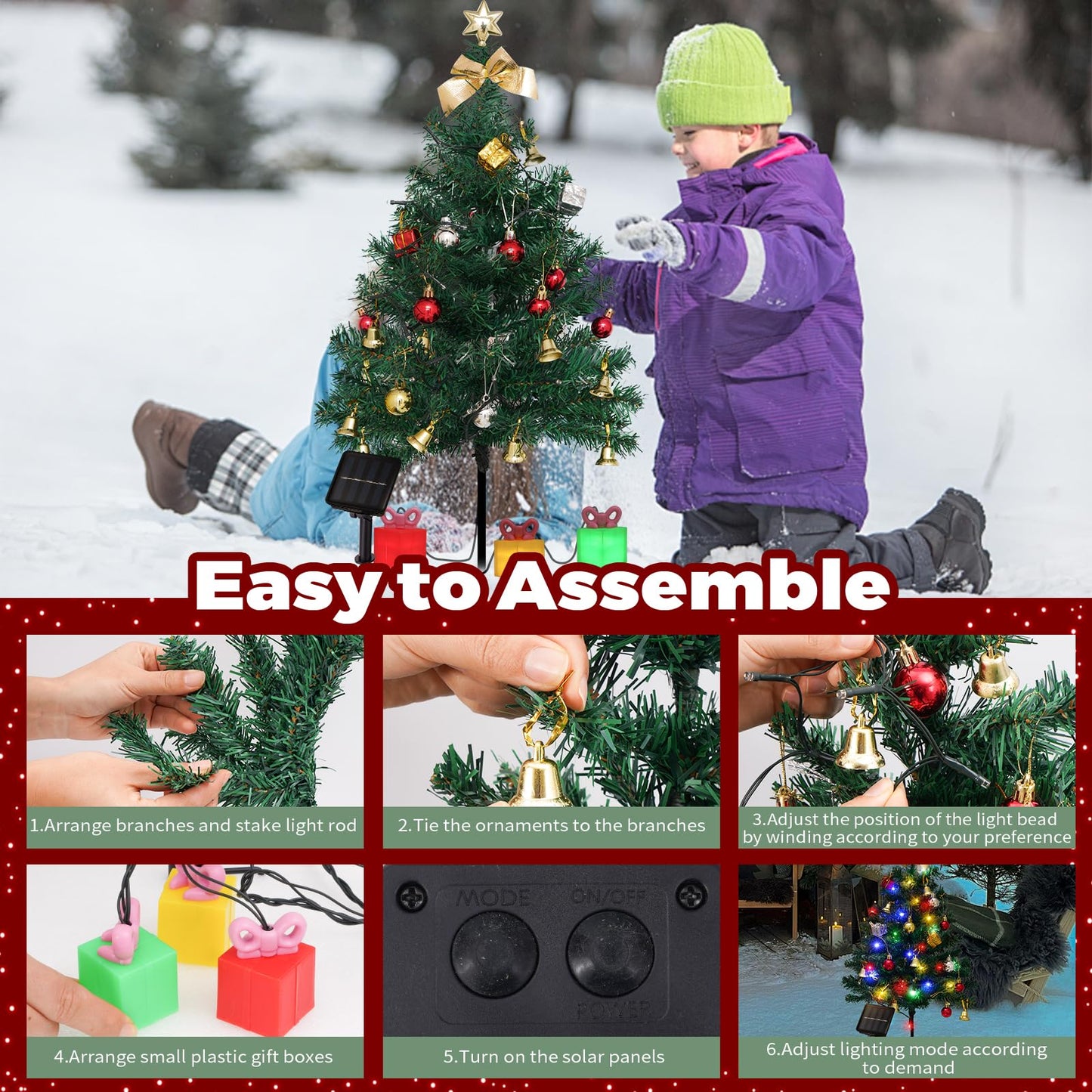 2 Pack Solar Mini Christmas Tree Decorations Lights, 30 Inch 8 Flashing Modes Waterproof Xmas Decor, 60 LED Lights with Ornaments 6 Gift Boxes for Yard Garden (2 Pack, Warm White Green Tree)