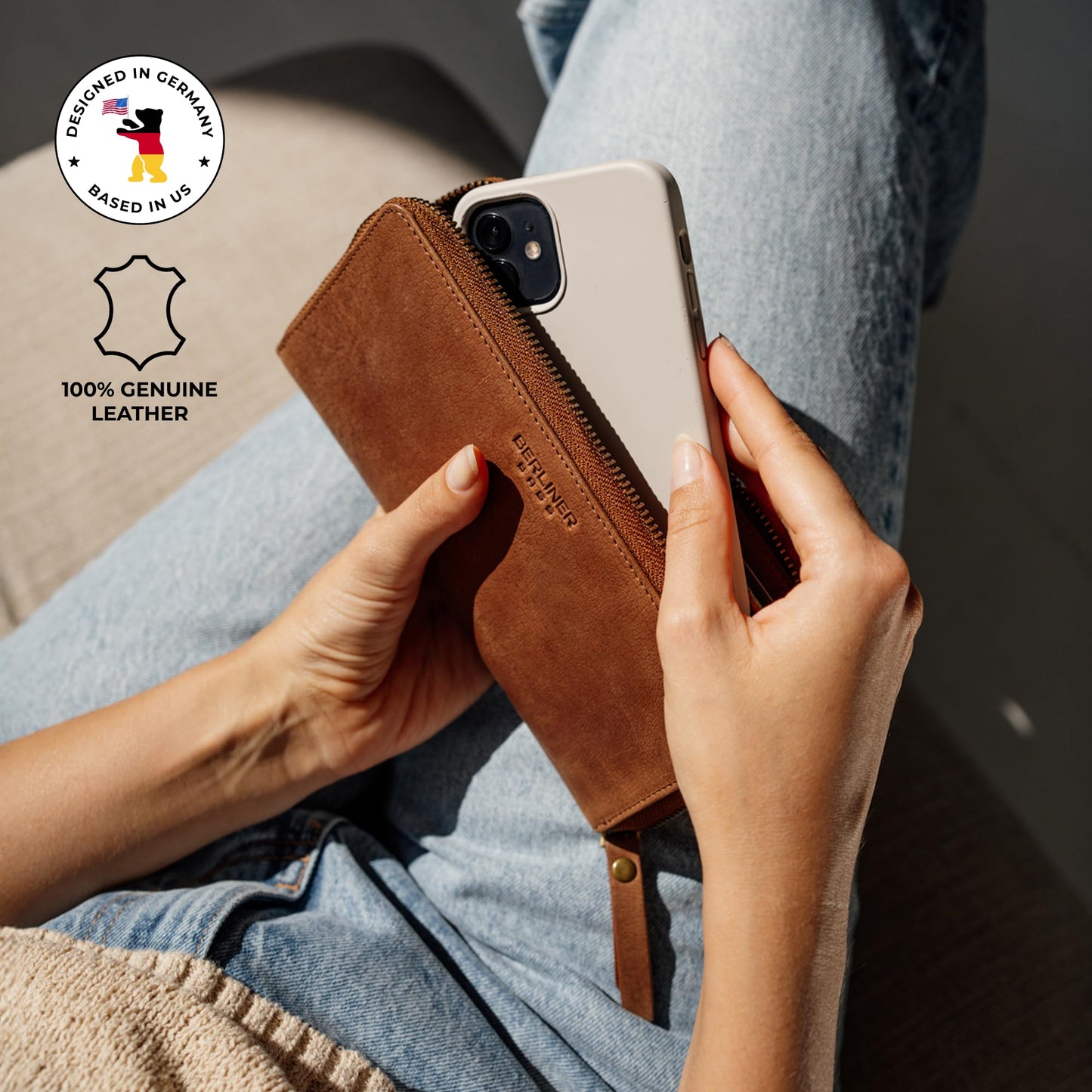 BERLINER BAGS Vintage Genuine Leather Wallet Margo, RFID Blocking Credit Card Holder, Slim Womens Wallet, Zip Around Wallet for 13 Cards and ID window, Bills, Coins - Brown