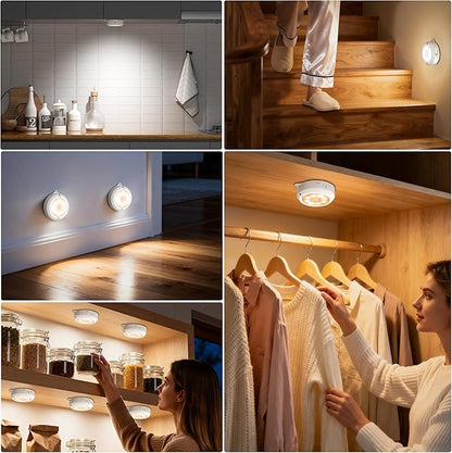 YiaMia Indoor Motion Sensor Night Light - 3 Pack, Smart Under Cabinet Lighting, 3 × AA Battery Operated Wireless Stair Light, Dimmable Puck Lights Suitable for Kitchens, Wardrobes, Hallway