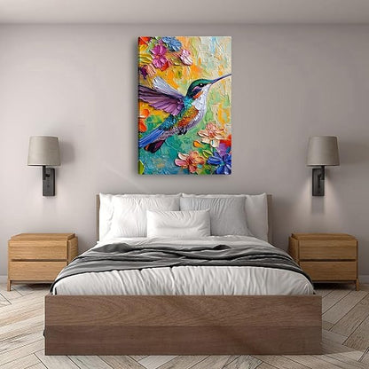 2D No Texture Colorful Painting Hummingbird Canvas Wall Art, Spring Flower Wall Decor, Cute Hummingbird Poster Picture for Wall Living Room Bathroom Bedroom Home Decoration 12*18 in (Poster No Frame)