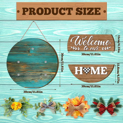 Vicenpal 22 Pcs Interchangeable Welcome Sign for Front Door with 17 Magnetic Icon Wooden Seasonal Front Porch Door Decor with 4 Seasonal Wreath for Holiday Halloween Christmas Gift(Blue,Rustic)
