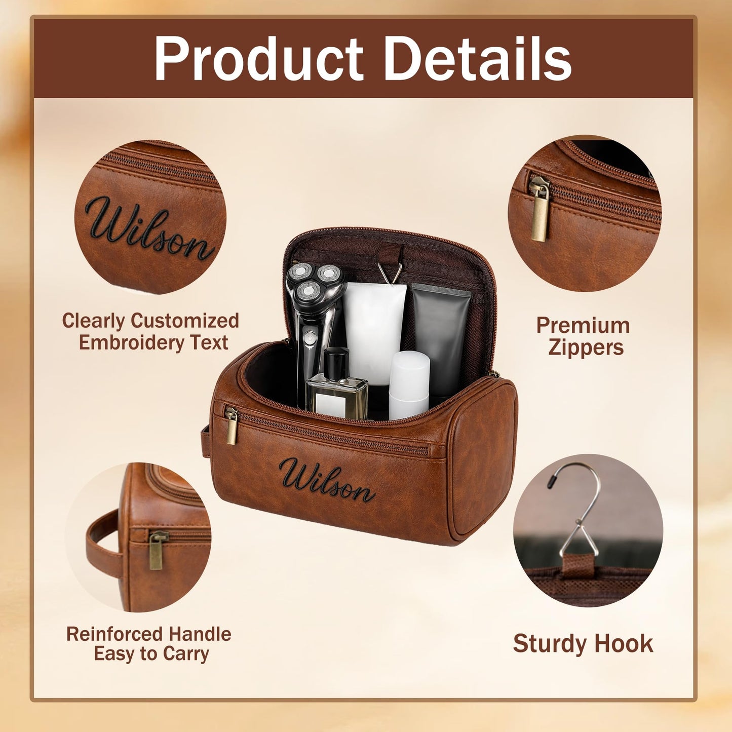 Personalized Toiletry Bag for Dad, Custom Embroidery with Name Letter PU Leather Waterproof Toiletry Organizer Dopp Kit Travel Essential for Dad Husband Grandpa Father's Day Anniversary(Dark Brown)