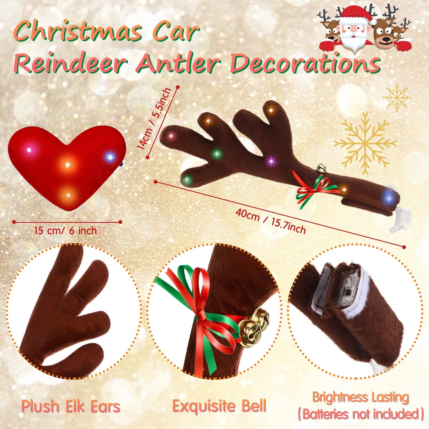 Frienda 2 Pcs Car Reindeer Antler Kit Christmas Decorations with LED Lights Hanging Santa Claus Legs and Deer Nose Star Candy Canes Auto Accessories for Christmas Car Decorations (Cute Style)