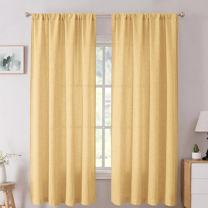 Tollpiz Linen Curtains Living Room Rod Pocket Semi Sheer Curtain Burlap Light Filtering Thick Linen Drapes for Bedroom, 38 x 63 inches Long, Beige, Set of 2 Panels
