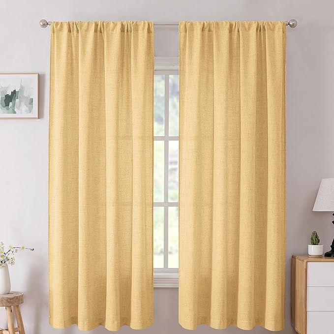 Tollpiz Linen Curtain Bedroom Rod Pocket Semi Sheer Curtains Burlap Light Filtering Thick Linen Drape for Living Room, 54 x 63 inches Long, Beige, Set of 2 Panels