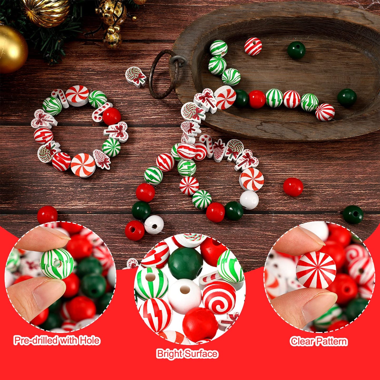 Qunclay 200 Pcs Christmas Beads for Crafts Wooden Christmas Beads Red Green and White Peppermint Candy Cane for Jewelry Making Holiday DIY Garland Party Tree Hanging Home