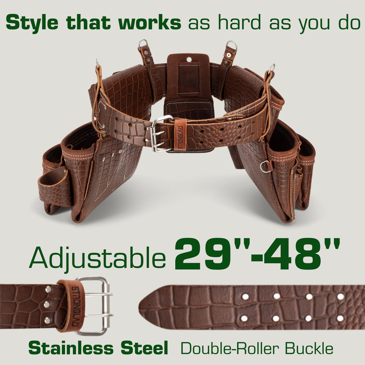 STRONGLAD Leather Carpenter Tool Belt – 21-Pocket Brown-Red Crocodile-Embossed Top-Grain Leather Framing Tool Belt for Men | Heavy-Duty Construction Gear with Stainless Steel Hardware