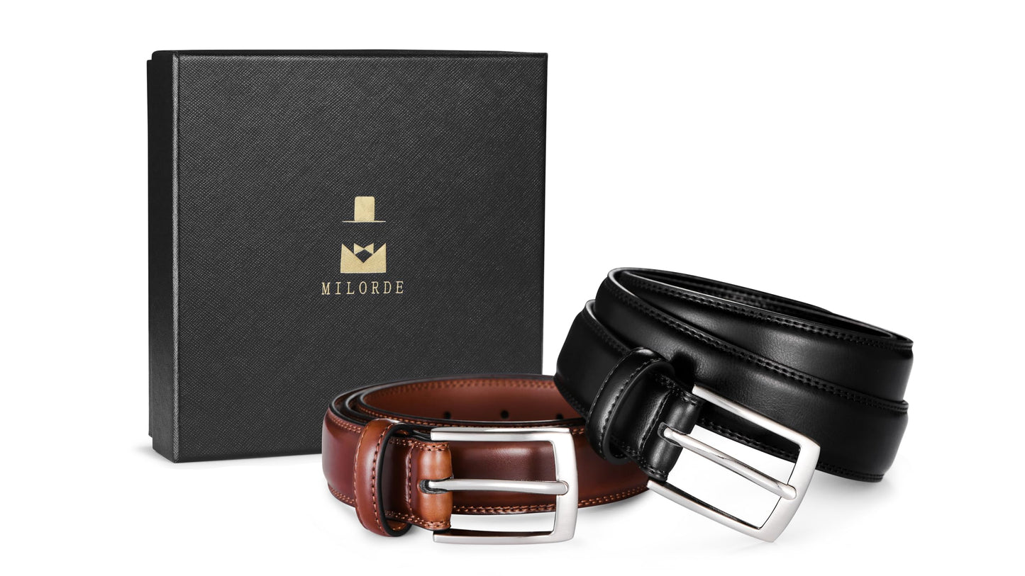 MILORDE Men's Leather Dress Belt 2Pack, Handmade, 100% Cow Leather, Fashion & Classic Designs for Work Business and Casual (2pack-Black101/Brown103,30)