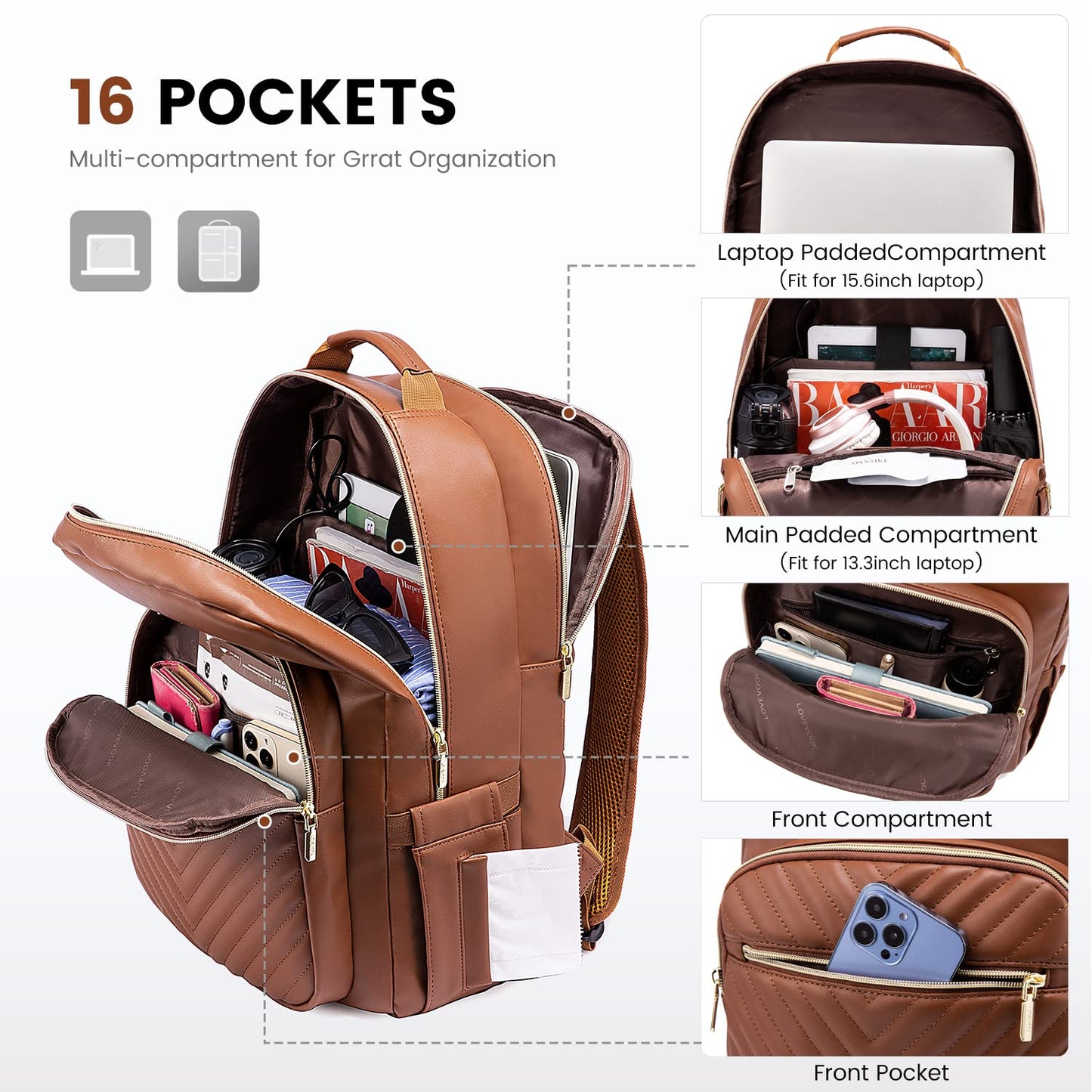 LOVEVOOK Laptop Backpack Purse for Women, Large Capacity Travel Computer Work Bag, Faux PU Leather Quilted Casual Nurse Backpack for Womens, Fit 15.6 Inch Laptop with USB Port, Brown